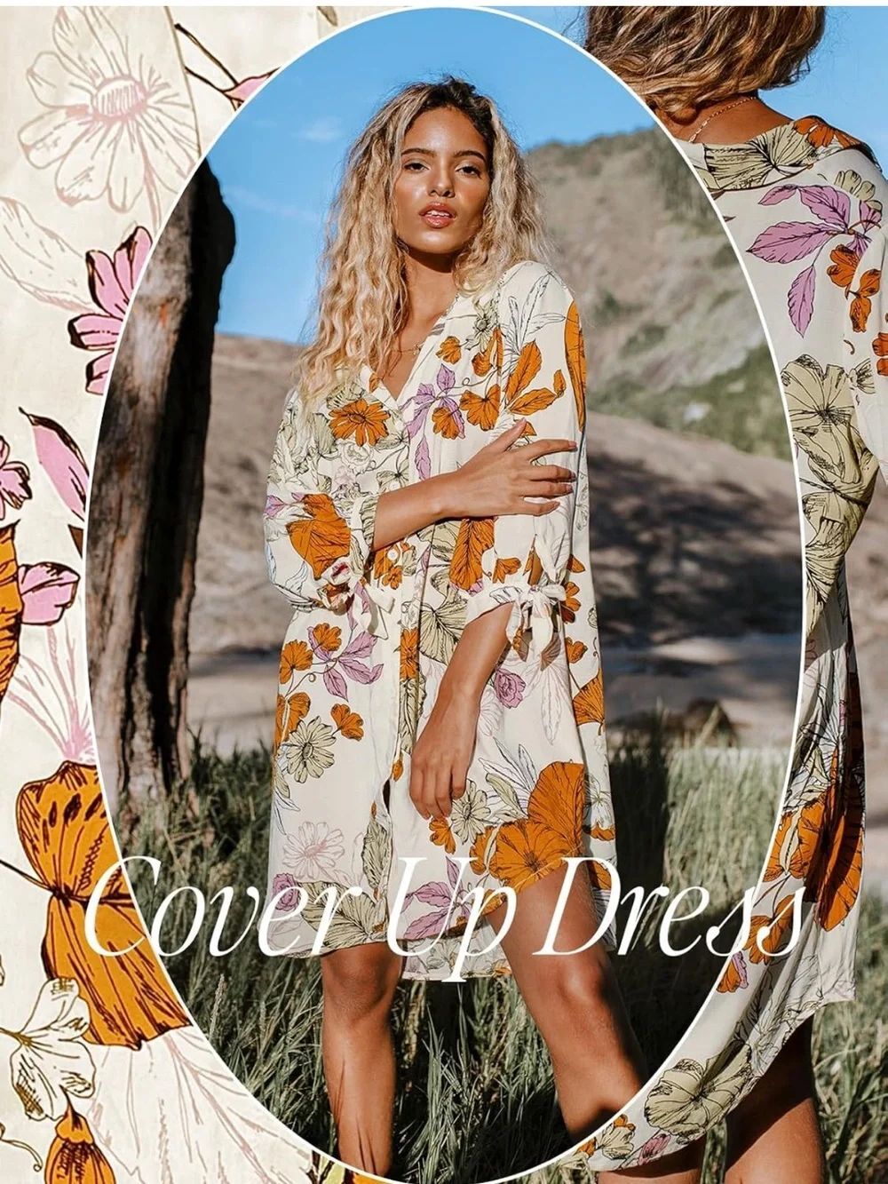 cupshe L Ivory Orange Tan Lavender Floral Quarter Sleeve Beach Coverup Shirt